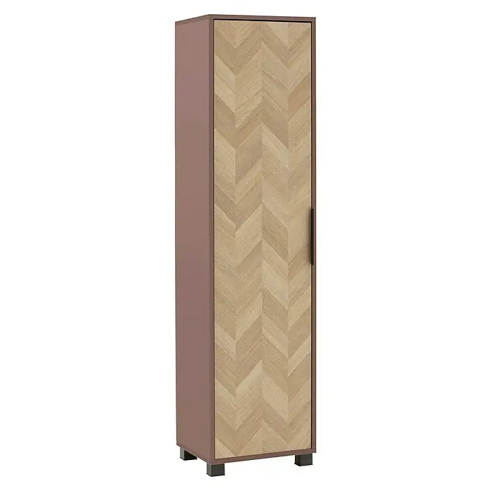 Schildmeyer Piazza Hochschrank - B x T x H: 40 x 33 x 158 cm, Eiche/Mauve, Matt - Hoher Schrank mit rosa-braunem Rahmen und heller Holztür mit Fischgrätmuster, schwarzem Griff und Füßen.
