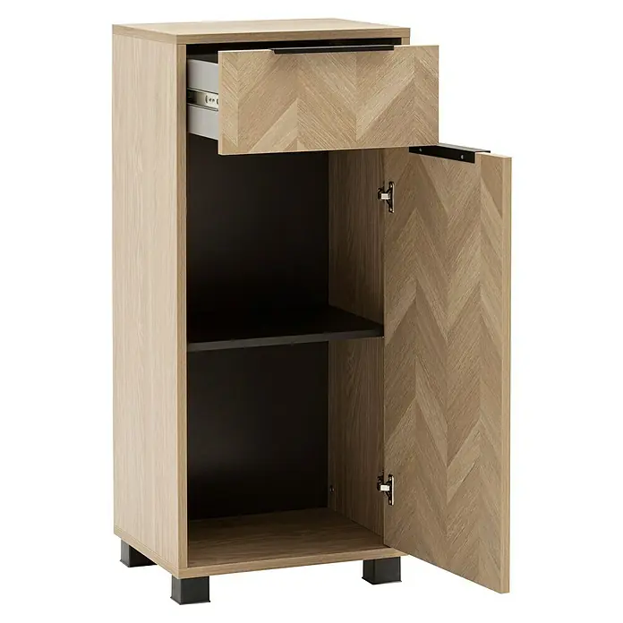Schildmeyer Piazza Midischrank - B x T x H: 40 x 33 x 91 cm, Eiche Hell, Matt - Heller Holzschrank mit Fischgrätmuster, offener Schublade und Tür, dunklem Innenregal und schwarzen Griffen/Füßen.