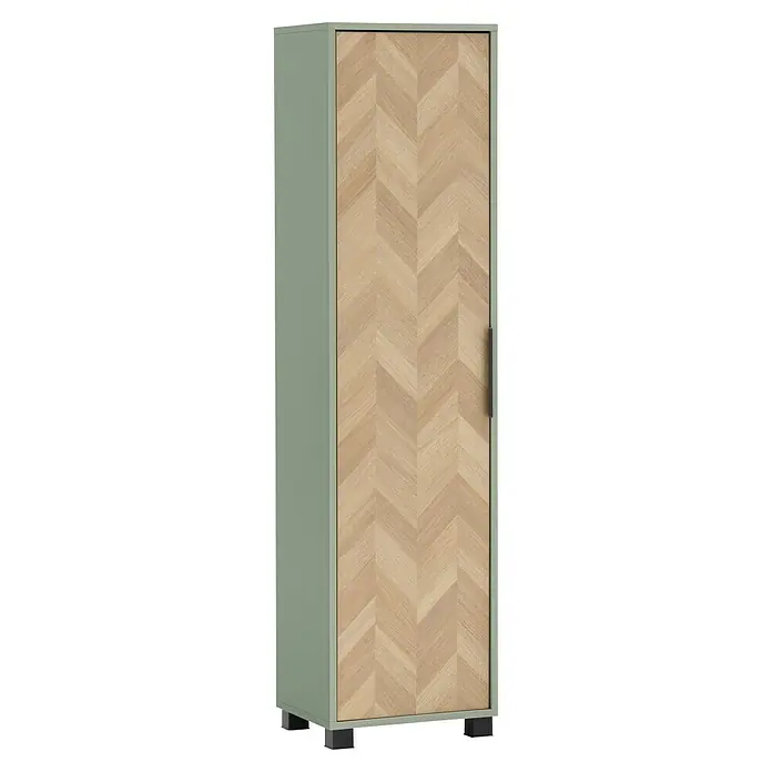 Schildmeyer Piazza Hochschrank - B x T x H: 40 x 33 x 158 cm, Eiche/Pistazie, Matt - Hellgrüner Schrank mit einer hellen Holztür im Fischgrätmuster und dunklem Griff, auf dunklen Füßen.