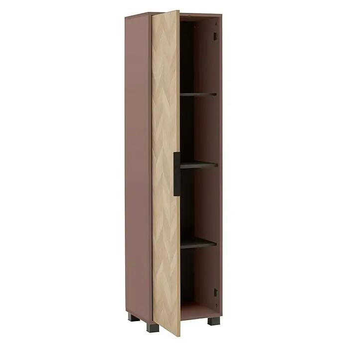 Schildmeyer Piazza Hochschrank - B x T x H: 40 x 33 x 158 cm, Eiche/Mauve, Matt - Hoher Schrank mit malvenbraunem Rahmen, heller Holztür in Fischgrätmuster mit schwarzem Griff und dunklen Innenregalen.