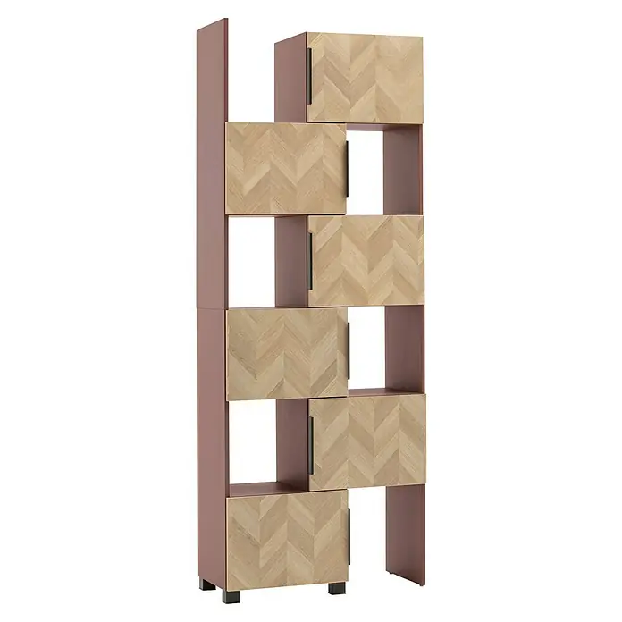 Schildmeyer Piazza Schieberegal - L x B x H: 34,7 x 46,9 x 101,6 cm, Eiche Hell/Mauve - Hohes, schmales Regal mit abwechselnd rötlich-braunen offenen Fächern und hellen Holzschranktüren mit Fischgrätmuster und schwarzen Griffen.