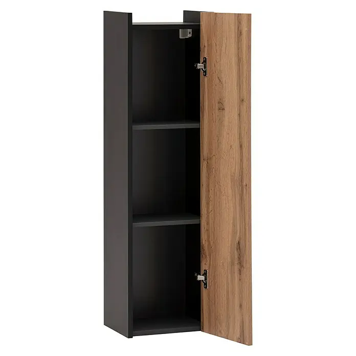 Schildmeyer Tonder Hängeschrank - B x T x H: 30 x 23,4 x 106 cm, Eiche/Schwarz, Matt - Geöffneter Wandschrank mit dunkelgrauem Korpus und heller Holzmaserungstür, Innenregale sichtbar.