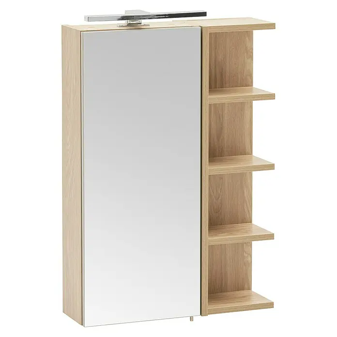 Schildmeyer Piazza LED-Spiegelschrank - B x H: 50 x 75 cm, Eiche Hell - Spiegelschrank aus hellem Holz mit offenen Regalen und integrierter Spiegelleuchte.