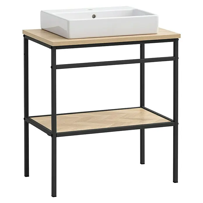 Schildmeyer Lorna Badmöbel-Set - Gesamtbreite Badmöbel: 70 cm, Eiche Hell/Schwarz, Matt - Moderne Badkonsole mit weißem, rechteckigem Waschbecken, heller Holzplatte und unterer Ablage, gestützt von schwarzem Metallrahmen.