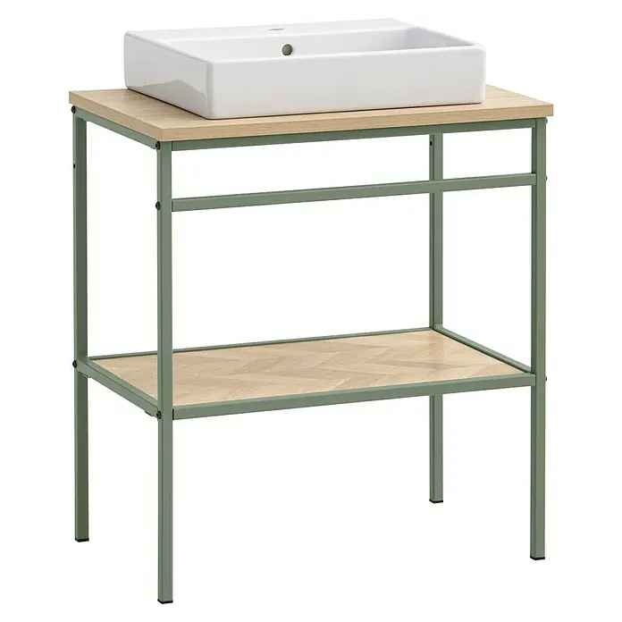 Schildmeyer Lorna Badmöbel-Set - Gesamtbreite Badmöbel: 70 cm, Eiche Hell/Pistazie, Matt - Rechteckiges weißes Keramikwaschbecken auf einer hellen Holzplatte, gestützt von einem grünen Metallrahmen mit passendem Holzregal im Fischgrätmuster.