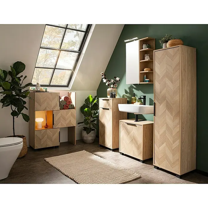 Schildmeyer Piazza Hochschrank - B x T x H: 40 x 33 x 158 cm, Eiche Hell, Matt - Badezimmermöbel-Set aus hellem Holz mit Fischgrätmuster für Stauraum und Waschtisch.