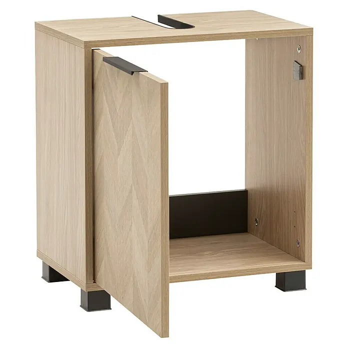Schildmeyer Piazza Waschtischunterschrank - B x T x H: 50 x 33 x 56 cm, Eiche Hell, Matt - Heller Holzunterschrank mit offener Tür, Fischgrätmuster, schwarzen Griffen und quadratischen Füßen.
