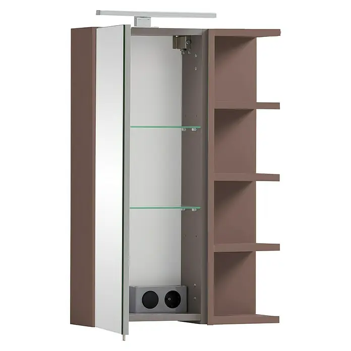Schildmeyer Piazza LED-Spiegelschrank - B x H: 50 x 75 cm, Mauve - Brauner Badspiegelschrank mit offener Spiegeltür, innenliegenden Glasablagen, Steckdose und integrierter Leuchte sowie offenen Seitenregalen.