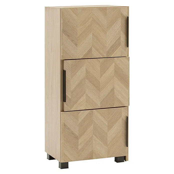 Schildmeyer Piazza Schieberegal - L x B x H: 34,7 x 46,9 x 101,6 cm, Eiche Hell - Heller Holzschrank mit Fischgrätmuster, schwarzen Griffen und Füßen.