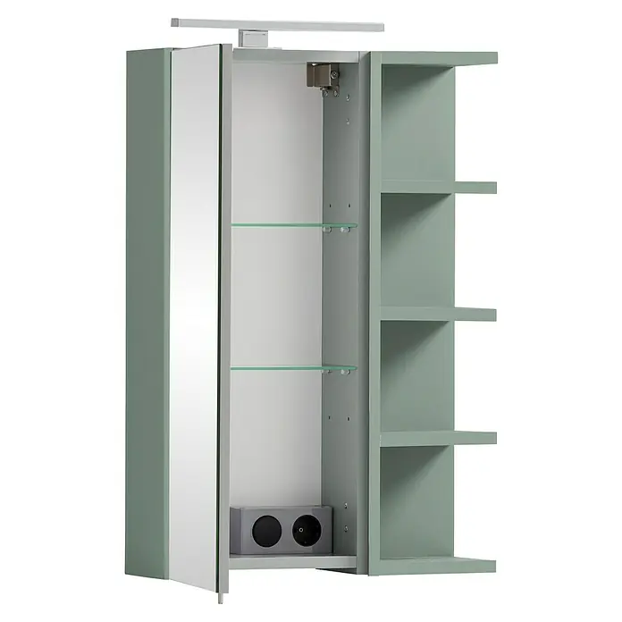 Schildmeyer Piazza LED-Spiegelschrank - B x H: 50 x 75 cm, Pistazie - Salbeigrüner Badspiegelschrank mit integrierter Beleuchtung, Glasböden und Steckdosen, mit offenen Seitenregalen.