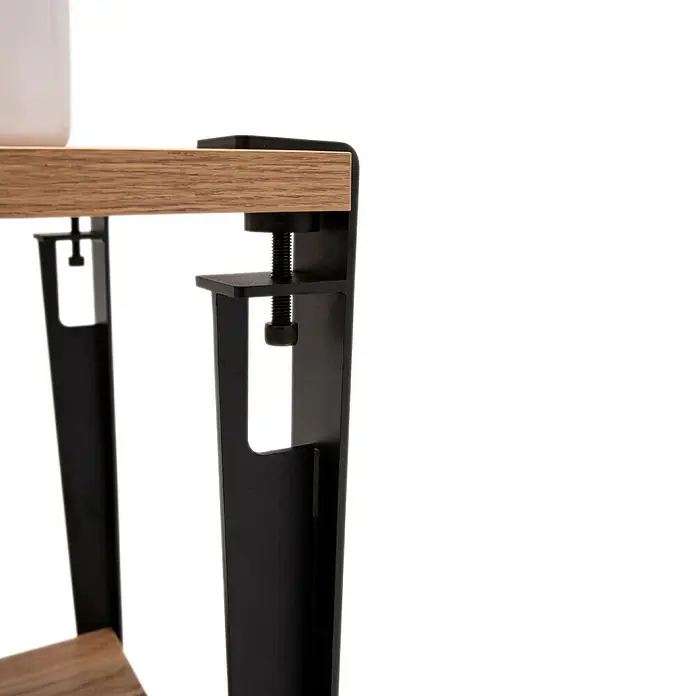 Schildmeyer Tonder Badmöbel-Set - Gesamtbreite Badmöbel: 71 cm, Eiche Landhaus/Schwarz, Matt - Holzfläche mit schwarzem Metallgestell und Stellschraube geklemmt.