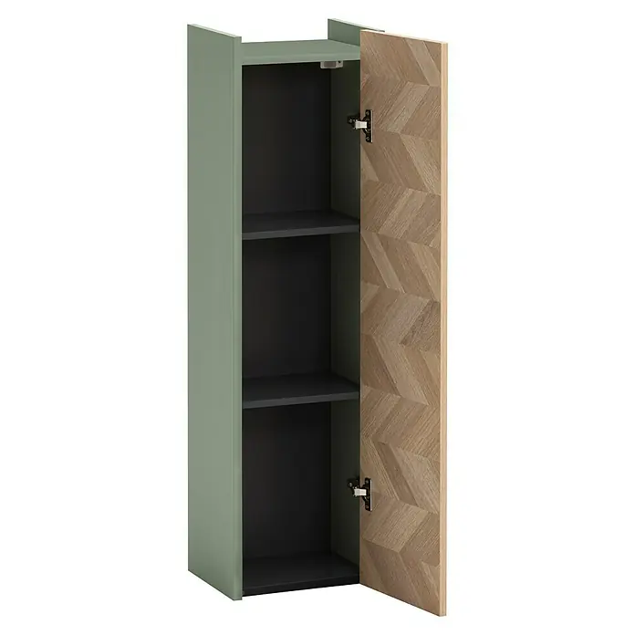 Schildmeyer Lorna Hängeschrank - B x T x H: 30 x 23,4 x 106 cm, Eiche/Pistazie, Matt - Hellgrüner Schrank mit offener Holztür mit Fischgrätmuster, der schwarze Regale und das Innere enthüllt.