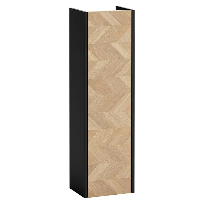 Schildmeyer Lorna Hängeschrank - B x T x H: 30 x 23,4 x 106 cm, Eiche/Schwarz, Matt - Hoher Schrank mit schwarzem Rahmen und heller Holztür im Fischgrätmuster.