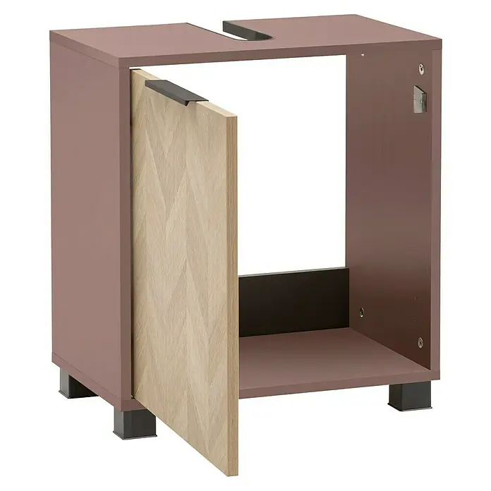 Schildmeyer Piazza Waschtischunterschrank - B x T x H: 50 x 33 x 56 cm, Eiche/Mauve, Matt - Hellbrauner Unterschrank mit offener heller Holztür im Fischgrätmuster, dunklem Griff und Aussparungen oben, auf dunklen Füßen.