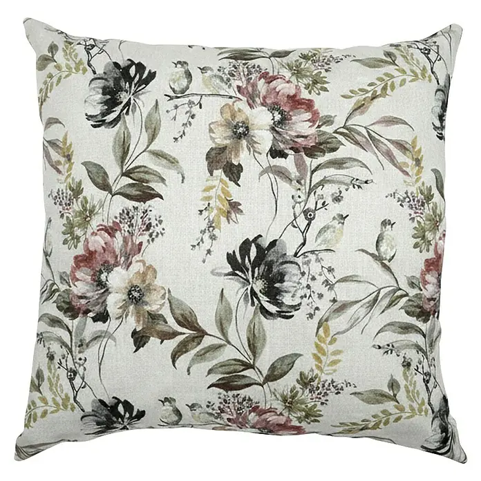 Cojín decorativo Floral - 50 x 50 cm, Plástico, Multicolor - Cojín decorativo blanco con un delicado estampado floral y de pájaros en tonos suaves de gris, marrón y rosa empolvado.