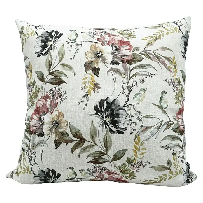 Cojín decorativo Floral - 50 x 50 cm, Plástico, Multicolor - Cojín decorativo claro con un detallado estampado floral y de aves estilo acuarela en tonos suaves.