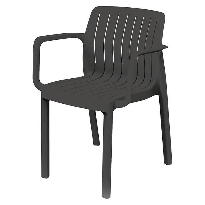 Silla de jardín Lea - 53 x 58 x 78 cm, Polipropileno, Apilable, Gris oscuro - Silla de plástico gris oscuro con reposabrazos, asiento y respaldo de lamas.