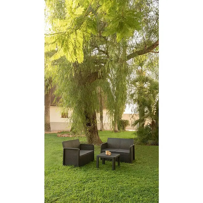Shaf Conjunto de muebles Maya - 3 pzs., Polipropileno, Negro - Conjunto de muebles de exterior marrón oscuro con dos sillones, un sofá de dos plazas y una mesa de centro, en un césped verde bajo un árbol.