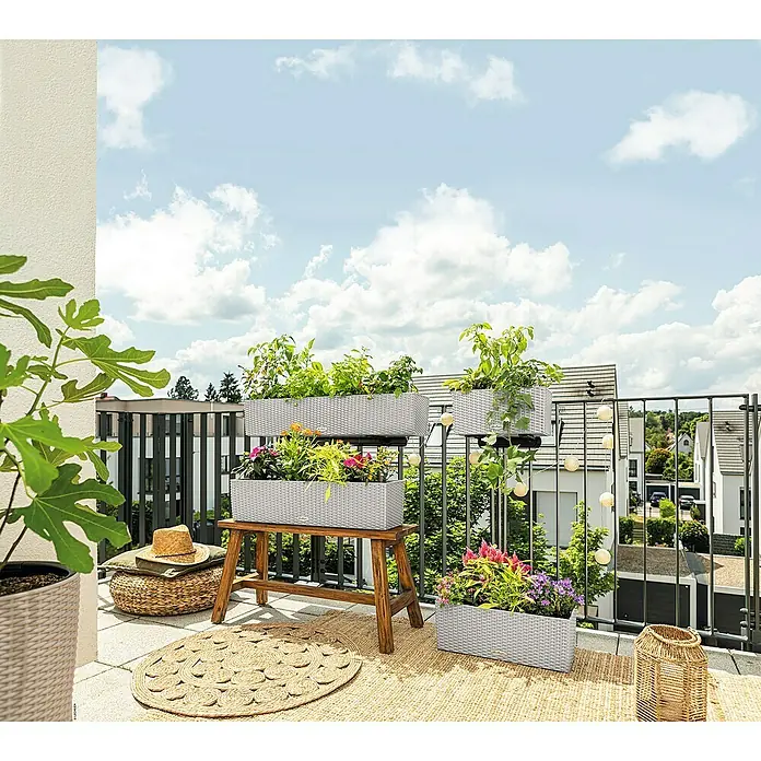 Lechuza Cottage Balkonkasten Blaconera - Max. Außenlänge: 100 cm, Kunststoff, Lichtgrau - Hellgraue Pflanzgefäße in Rattanoptik mit Pflanzen und Blumen auf einem sonnigen Balkon.