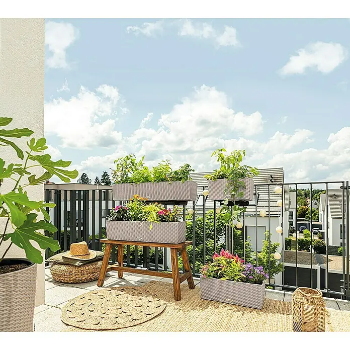 Lechuza Cottage Balkonkasten Blaconera - Max. Außenlänge: 100 cm, Kunststoff, Sandbraun - Helle, geflochtene Blumenkästen auf einem sonnigen Balkon mit Pflanzen und Blumen gefüllt.