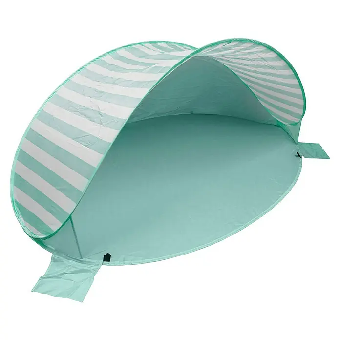 Pop-Up Strandmuschel - B x T x H: 180 x 125 x 83 cm, Polyester/Fiberglas, Grün-Weiß - Grün-weiß gestreiftes Pop-up-Strandzelt, geöffnet, mit hellgrünem Innenboden, ideal als Sonnenschutz.