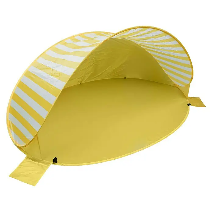 Pop-Up Strandmuschel - B x T x H: 180 x 125 x 83 cm, Polyester/Fiberglas, Gelb-Weiß - Gelb-weiß gestreiftes Pop-up-Strandzelt mit gelbem Innenraum, bietet tragbaren Sonnenschutz.