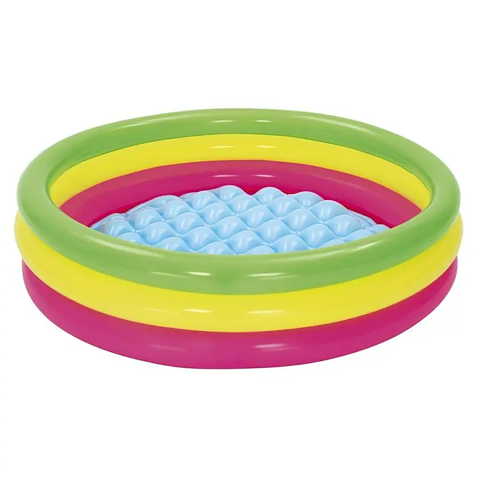 Bestway Planschbecken Swim Squad - 102 cm, 62 l - Rundes, farbenfrohes aufblasbares Planschbecken mit weichem blauem Polsterboden.