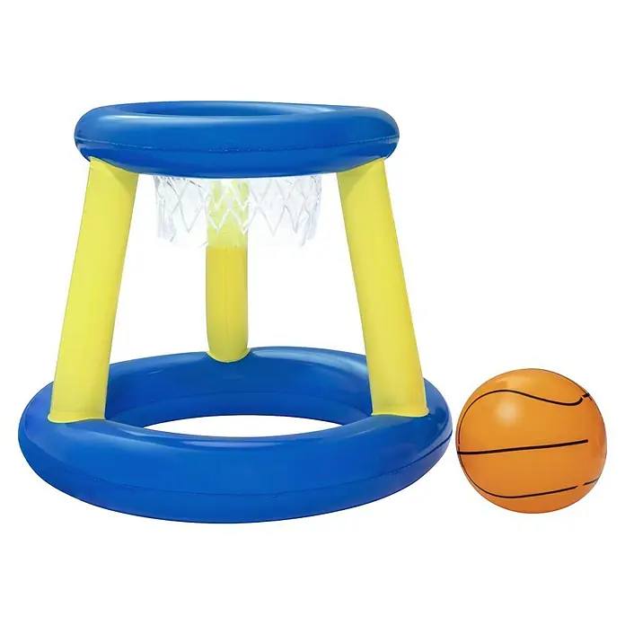 Bestway Basketballkorb Splash 'N' Hoop - Blau/Gelb - Blau-gelber aufblasbarer Basketballkorb mit klarem Netz und separatem orangefarbenem aufblasbaren Basketball.