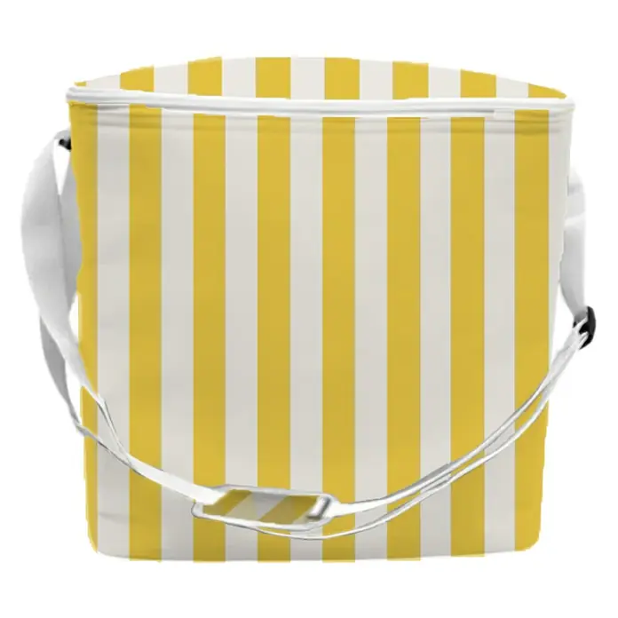 Kühltasche - Volumen: 18 l, 28 x 17 x 29 cm, Gelb-Weiß - Gelb-weiß gestreifte Kühltasche mit weißem Reißverschluss und Schultergurt.