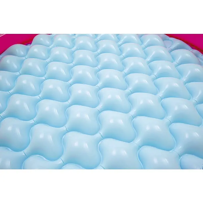 Bestway Planschbecken Swim Squad - 102 cm, 62 l - Hellblaue aufblasbare Matte mit einer strukturierten, blasenförmigen Oberfläche innerhalb eines pinkfarbenen Randes.