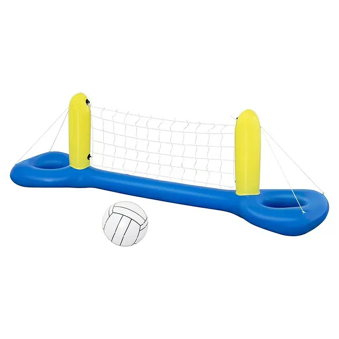 Bestway Volleyball-Netz Schwimmend - L x B x H: 59 x 247 x 74 cm, PVC - Aufblasbares blau-gelbes Pool-Volleyballnetz mit weißem Netz und aufblasbarem weißem Volleyball.