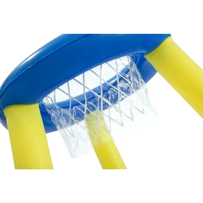 Bestway Basketballkorb Splash 'N' Hoop - Blau/Gelb - Nahaufnahme eines aufblasbaren Basketballkorbs mit blauem Rand, gelben Stützen und einem Netz aus klarem Kunststoff mit weißem Gitter.
