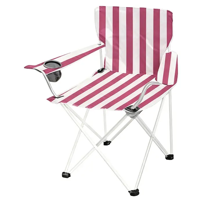 Strandstuhl Vibe - L x B x H: 51 x 80 x 80 cm, Kunststoff, Pink/Weiß - Tragbarer Klappstuhl mit rosa-weißen Streifen, weißem Metallgestell und integriertem Becherhalter.