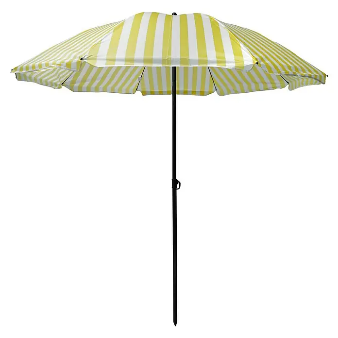 Strandschirm - Weiß/Gelb, Durchmesser Bespannung: 180 cm - Gelb-weiß gestreifter Sonnenschirm mit schwarzem Ständer.