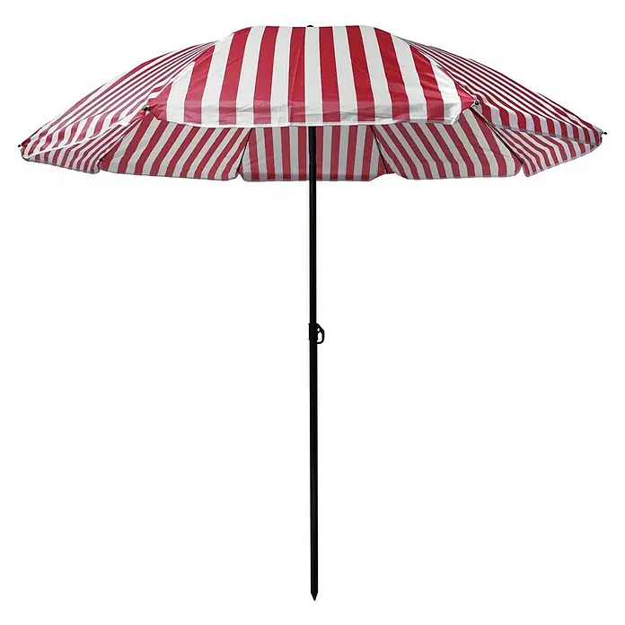 Strandschirm - Weiß/Pink, Durchmesser Bespannung: 180 cm - Roter und weißer gestreifter Sonnenschirm mit schwarzem Stock, geöffnet und einsatzbereit.
