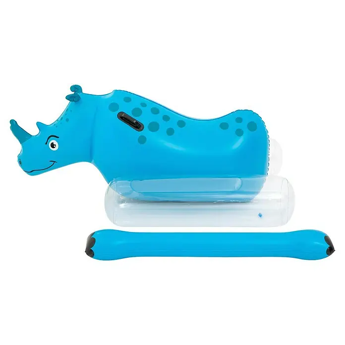 Bestway Schwimmtier Nashorn - 89 x 148 x 61 cm - Blaues aufblasbares Nashorn-Pool-Floß mit transparenter Basis und separatem blauem aufblasbarem Stabilisatorstab.