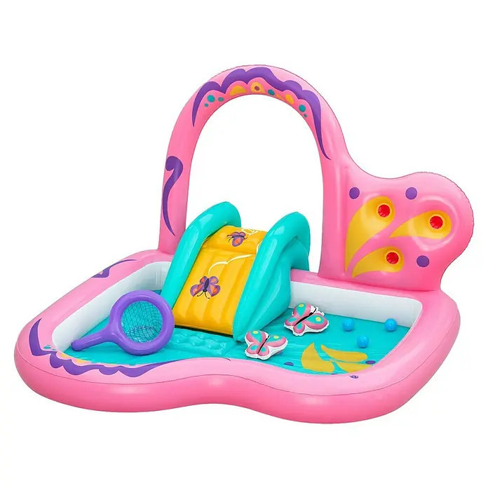 Bestway Planschbecken Wasserspielcenter Schmetterling - 180 x 180 x 117 cm - Pinkes aufblasbares Kinderbecken mit gelb-türkiser Rutsche, lila Netz, blauen Bällen und Schmetterlingsspielzeug.