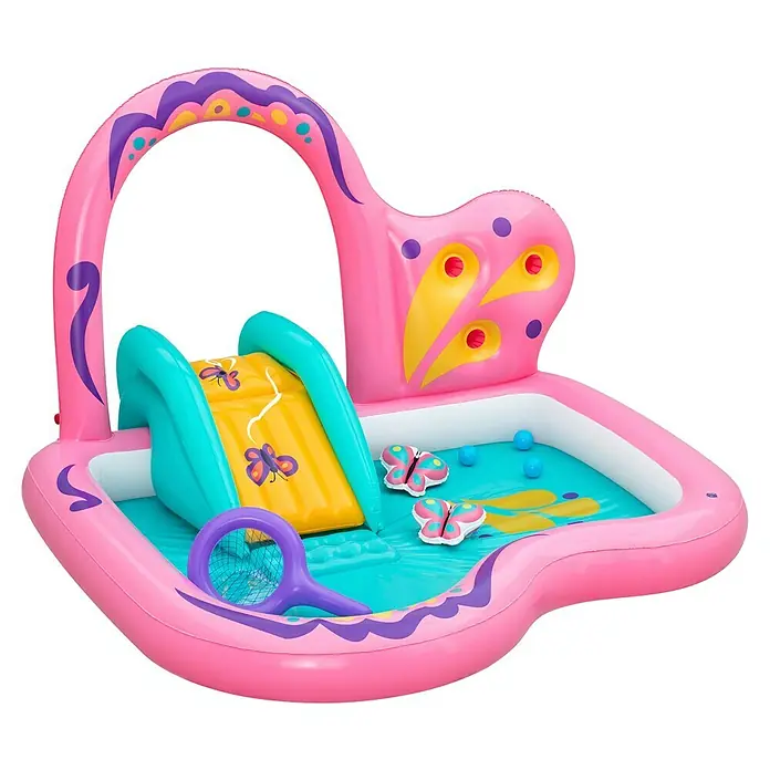 Bestway Planschbecken Wasserspielcenter Schmetterling - 180 x 180 x 117 cm - Rosa aufblasbares Kinderbecken mit gelber und türkiser Rutsche, Schmetterlingsdekor und Spielzubehör.