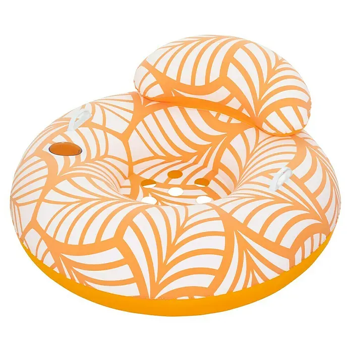 Bestway Schwimmring mit Textiloberfläche & Kopfstütze - Orange - Orange-weiße aufblasbare Poolliege mit Blättermuster, integrierter Kopfstütze, Getränkehaltern und Griffen.