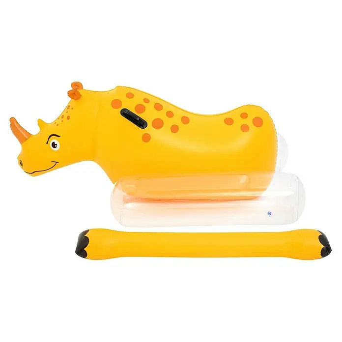 Bestway Schwimmtier Nashorn - 89 x 148 x 61 cm - Gelber aufblasbarer Nashorn-Poolschwimmer mit orangefarbenen Flecken, Horn, schwarzen Griffen, transparenter Basis und separater Stange.