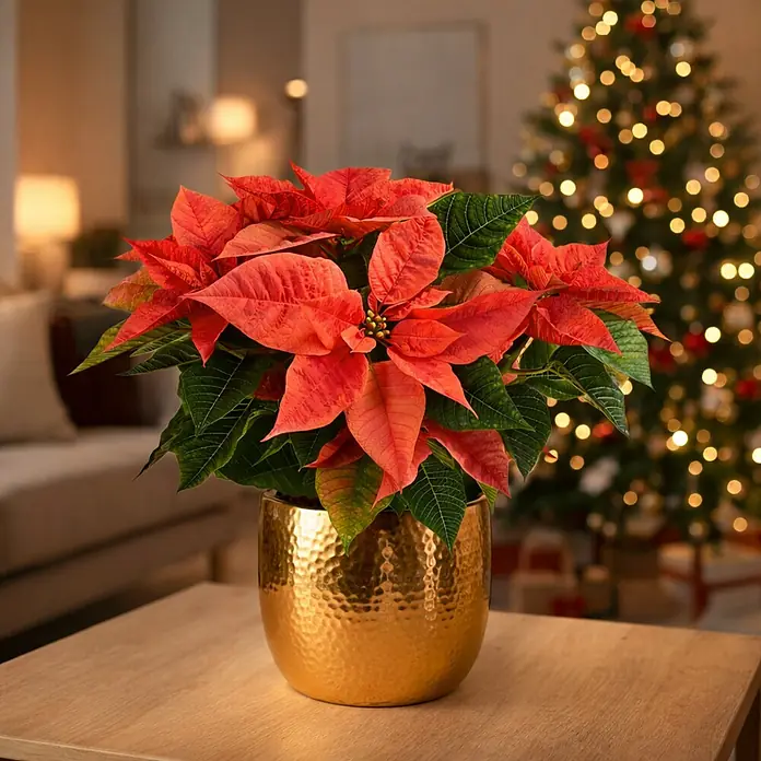 Piardino Weihnachtsstern - Topfgröße: 13 cm - Lebhafter rot-grüner Weihnachtsstern in einem gehämmerten Goldtopf auf einem Holztisch in einem festlichen Raum.