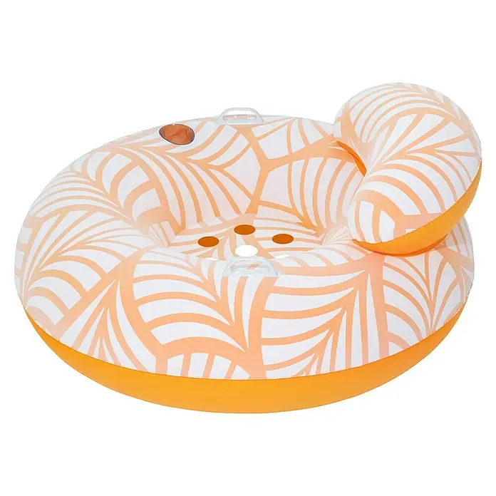 Bestway Schwimmring mit Textiloberfläche & Kopfstütze - Orange - Orange-weißer aufblasbarer Schwimmreifen mit Blattmuster, Rückenlehne, Getränkehaltern und Griffen für Wasserentspannung.