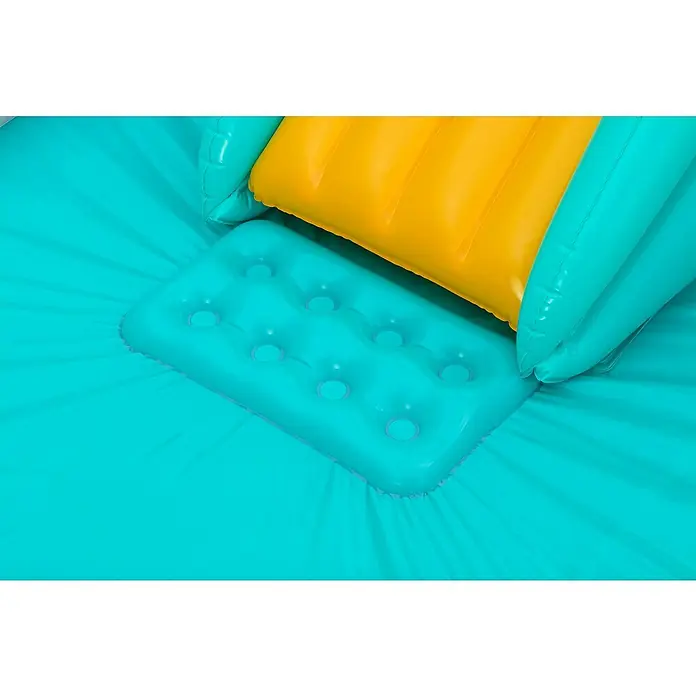 Bestway Planschbecken Wasserspielcenter Schmetterling - 180 x 180 x 117 cm - Aufblasbarer türkiser Poolboden mit gepolsterter Matte und gelbem Rutschenabschnitt.
