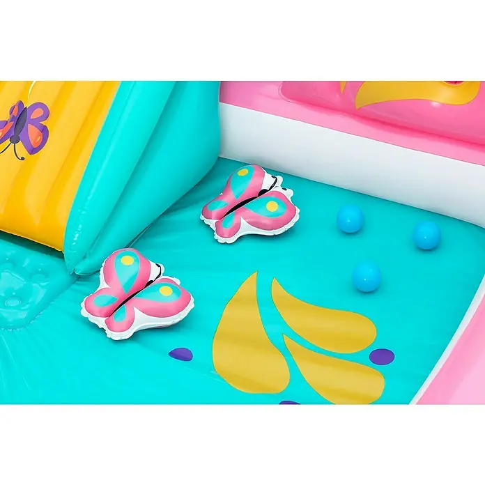Bestway Planschbecken Wasserspielcenter Schmetterling - 180 x 180 x 117 cm - Bunter aufblasbarer Spielbereich mit zwei Schmetterlings-Schwimmreifen und drei blauen Bällen.