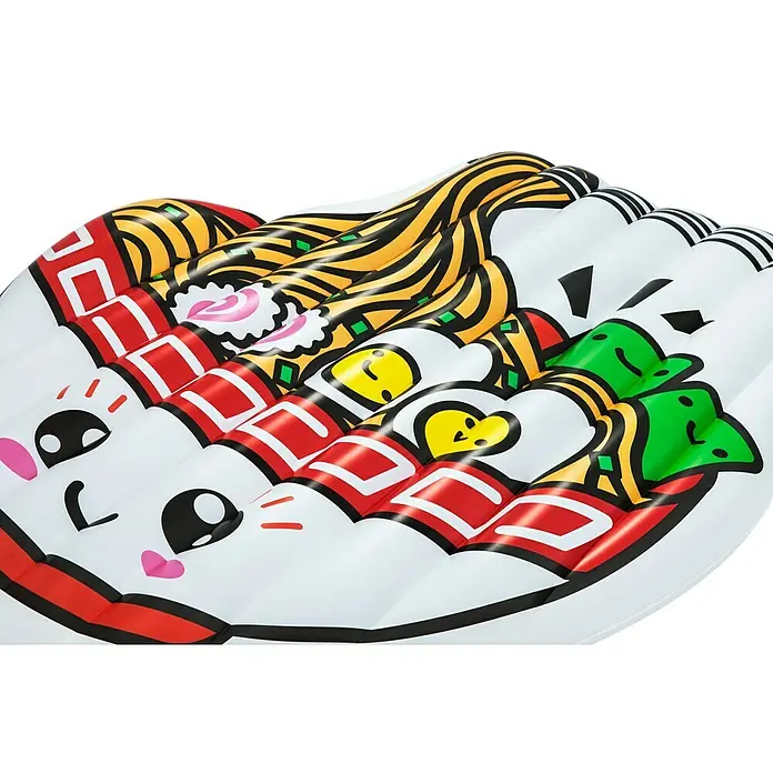Bestway Luftmatratze Sobaschüssel - L x B: 155 x 176 cm - Aufblasbarer Poolschwimmer in Form einer Ramen-Nudelschale mit Comic-Gesichtern auf Zutaten in Weiß, Rot, Gelb, Grün und Pink.