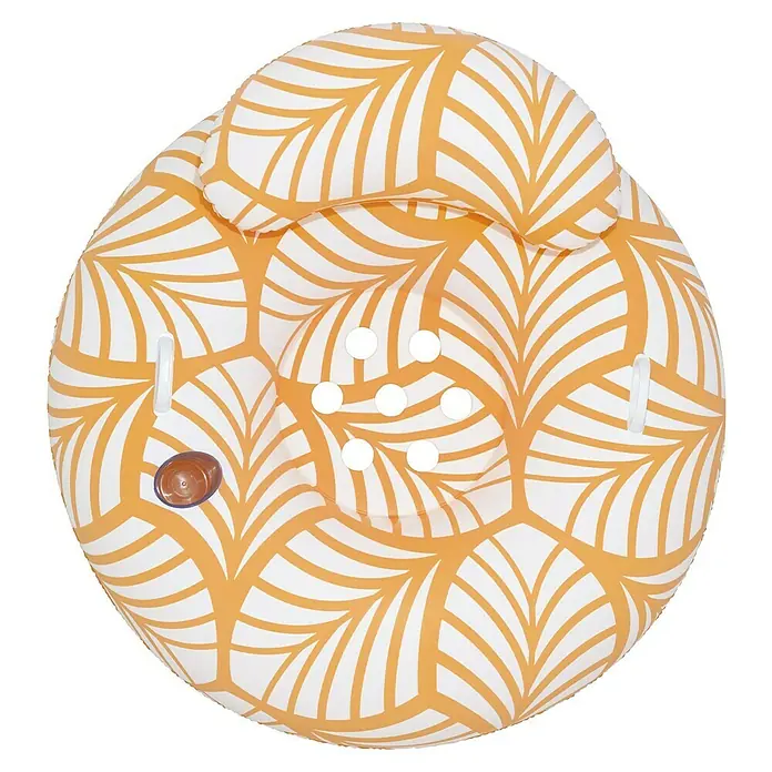 Bestway Schwimmring mit Textiloberfläche & Kopfstütze - Orange - Weißer Baby-Badesitz mit goldenem Blattmuster und Ablauflöchern.