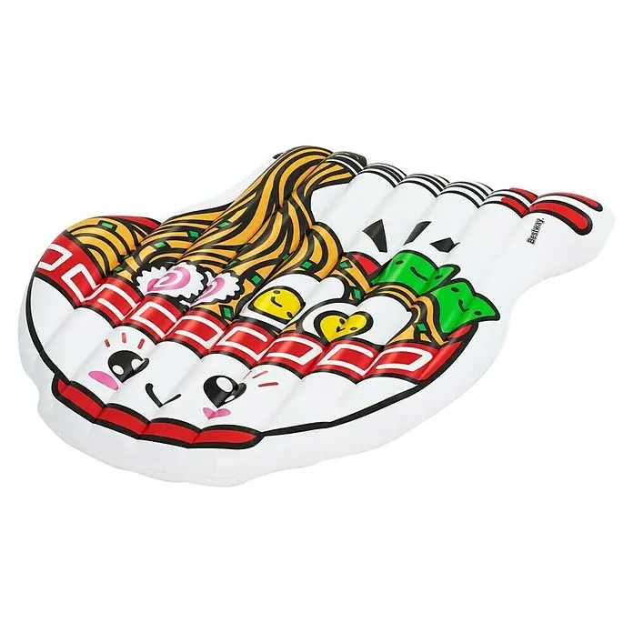 Bestway Luftmatratze Sobaschüssel - L x B: 155 x 176 cm - Aufblasbare Poolliege im Design einer Ramen-Schale mit bunten Nudel-, Ei- und Narutomaki-Grafiken und einem niedlichen Gesicht.