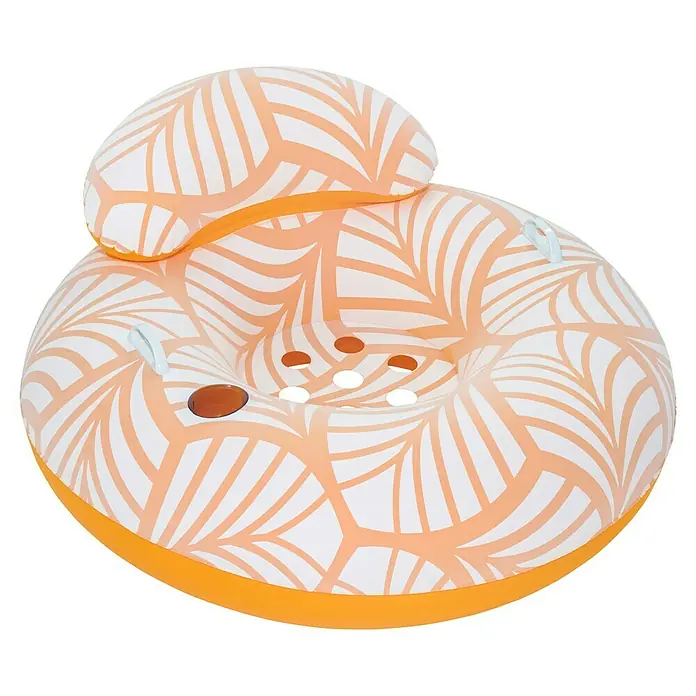 Bestway Schwimmring mit Textiloberfläche & Kopfstütze - Orange - Orange-weißer aufblasbarer Schwimmring mit Blattmuster, Rückenlehne, Griffen und Getränkehaltern.