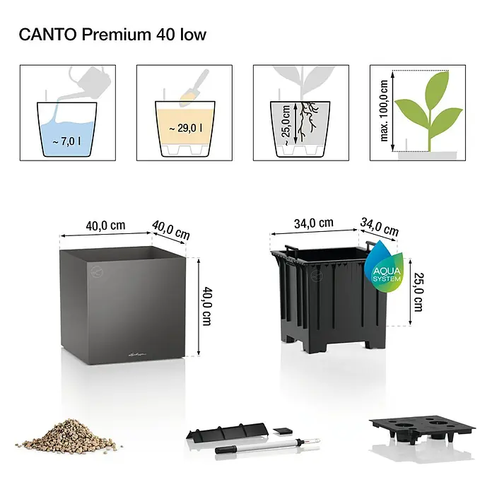 Lechuza Pflanzkasten Canto Premium - Außenmaß (L x B x H): 40 x 40 x 40 cm, Kunststoff, Weiß Glänzend - Dunkelgrauer Lechuza CANTO Premium 40 low Pflanzkübel mit Bewässerungssystem, 7L Wasser-, 29L Pflanzvolumen und max. 100cm Pflanzenhöhe.