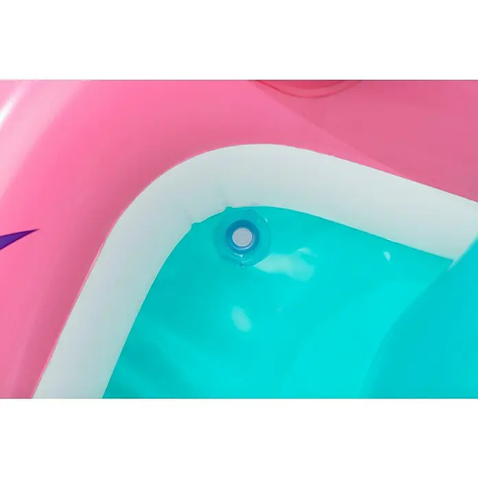 Bestway Planschbecken Wasserspielcenter Schmetterling - 180 x 180 x 117 cm - Aufblasbarer Gegenstand in Pink, Weiß und Türkis mit blauem Aufblasventil.
